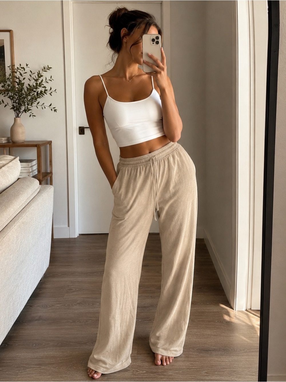 RW&CO. Beige Wide-Leg Track Pants